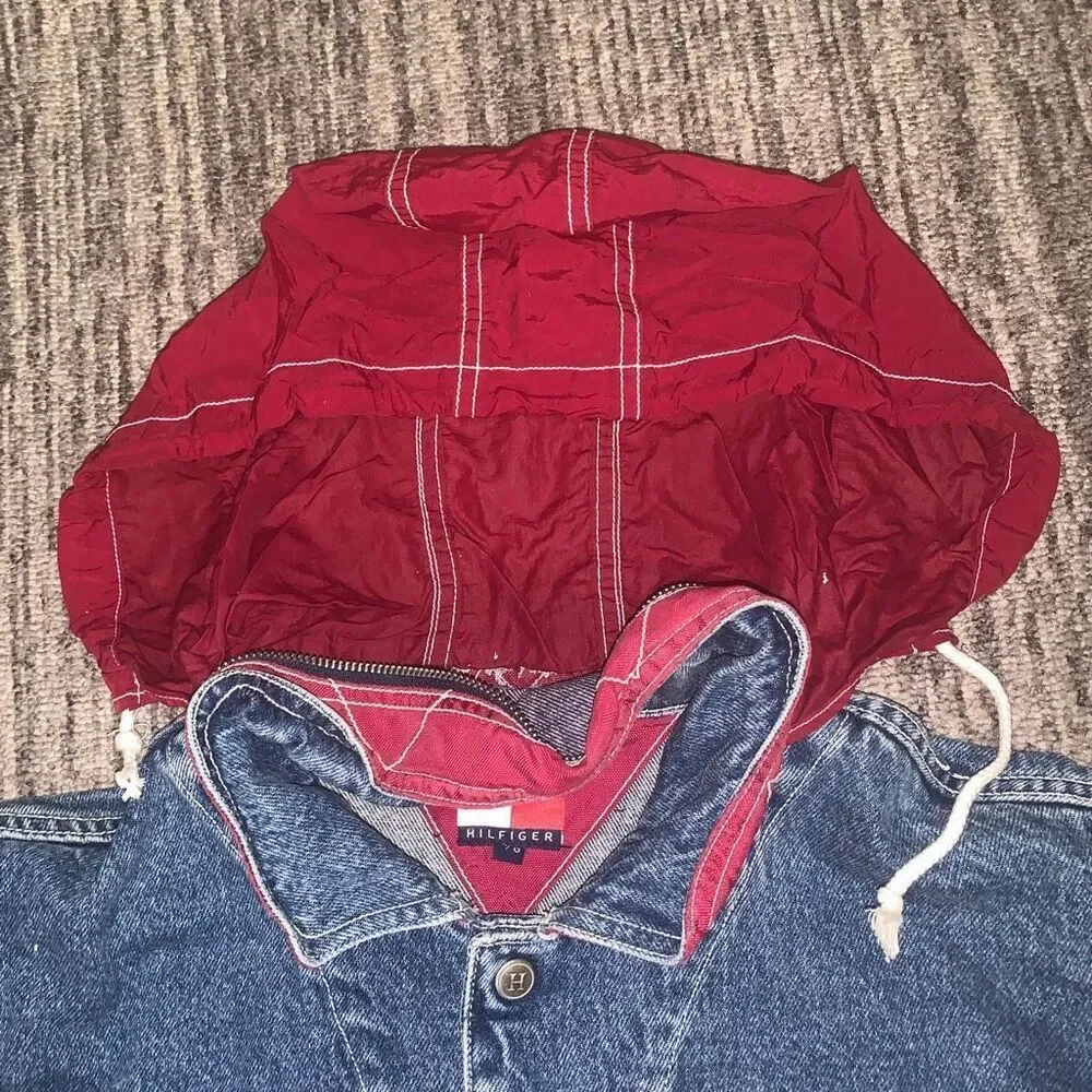 VTG Tommy Hilfiger Womens Size Large Button Front‎ Denim Jacket Blue Hidden Hood